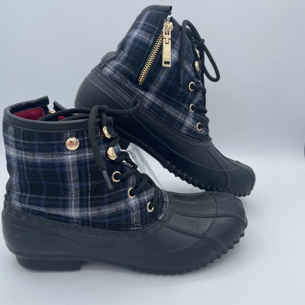 Tommy Hilfiger Duck Boots Womens Blue Plaid Lace Up Side Zip Rain Boot Excellent